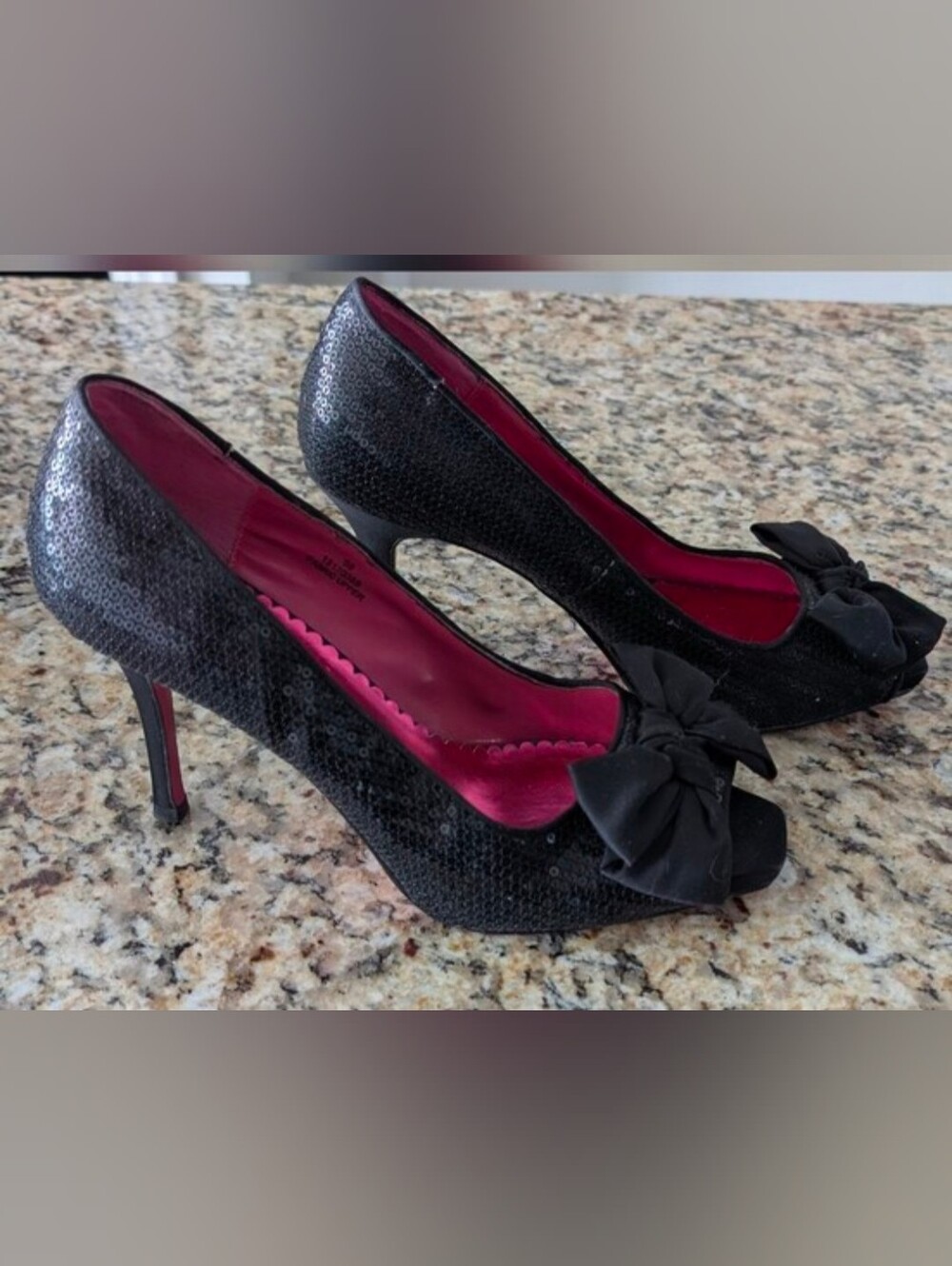 Black Sequin Peep-Toe Heels with Bow - Women's Dress Pumps